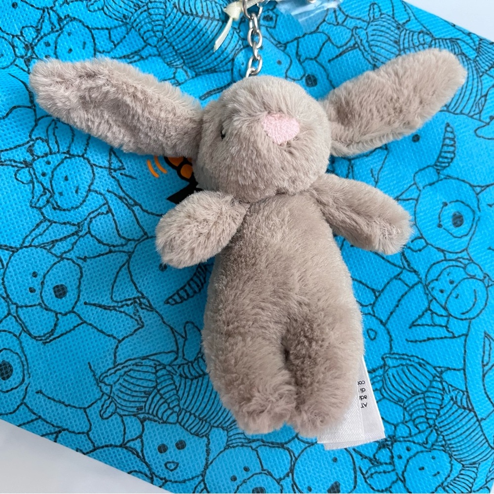 Jellycat Beige Bunny Bag Charm with Blue Bag